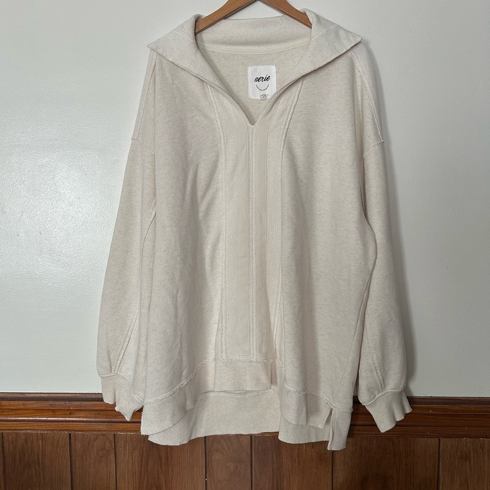Aerie 'Starry Skies' Open Neck Sweatshirt XL Cream Loungewear Coastal Grandma
